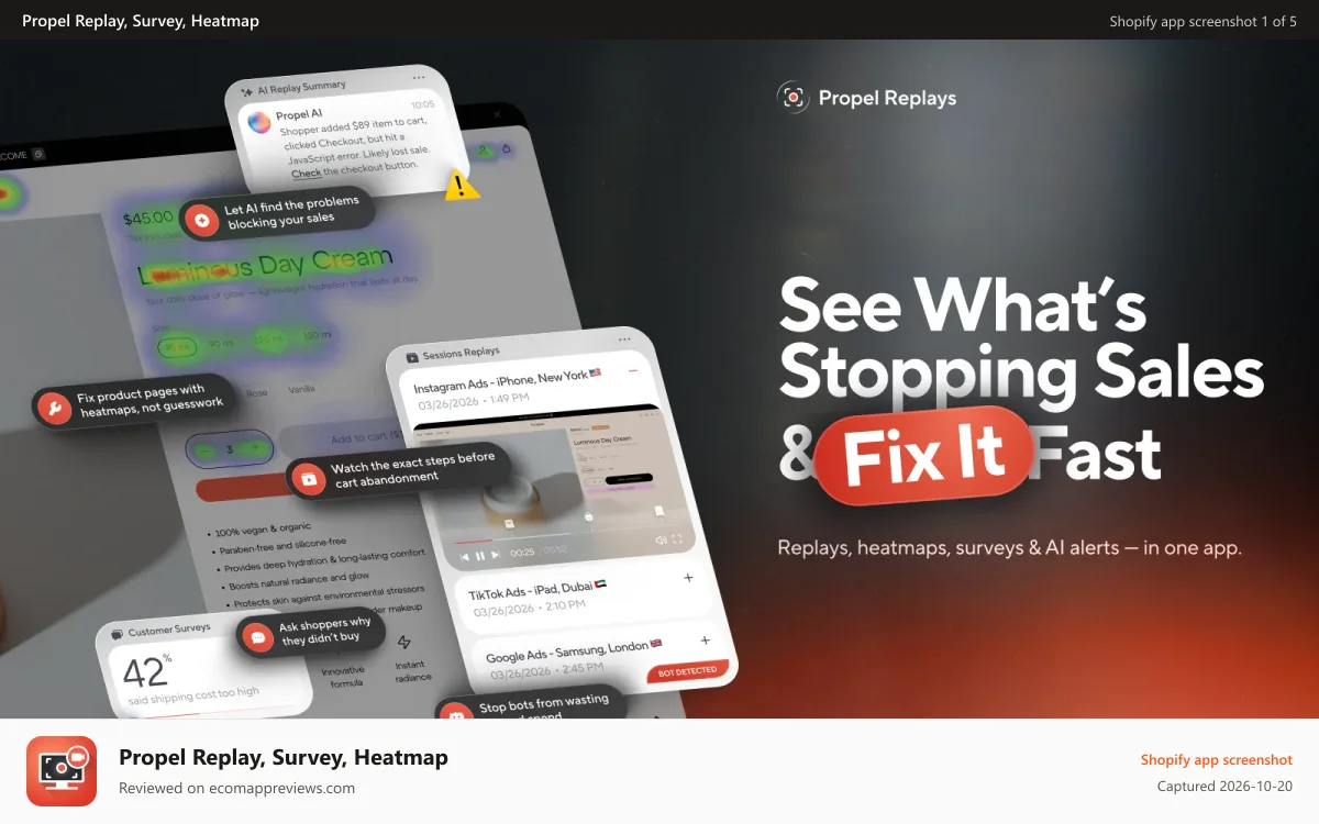 Propel Replay, Survey, Heatmap Shopify app screenshot: Replays, screen recording, heatmap, survey and analytics app