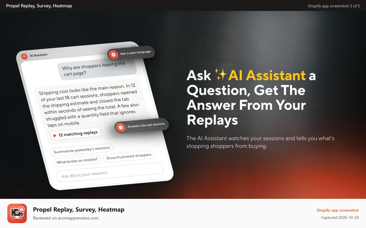 Propel Replay, Survey, Heatmap Shopify app screenshot: AI assistant answering questions about your session replays