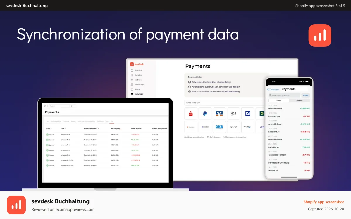 sevdesk Buchhaltung Shopify app screenshot: Payment synchronisation Shopify to sevdesk