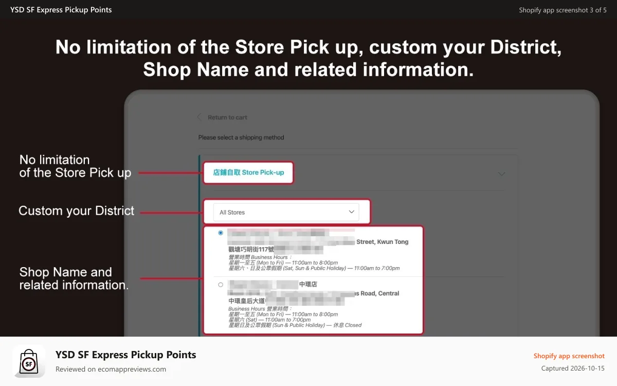 YSD SF Express Pickup Points Shopify app screenshot: Let customers select your store as pickup location