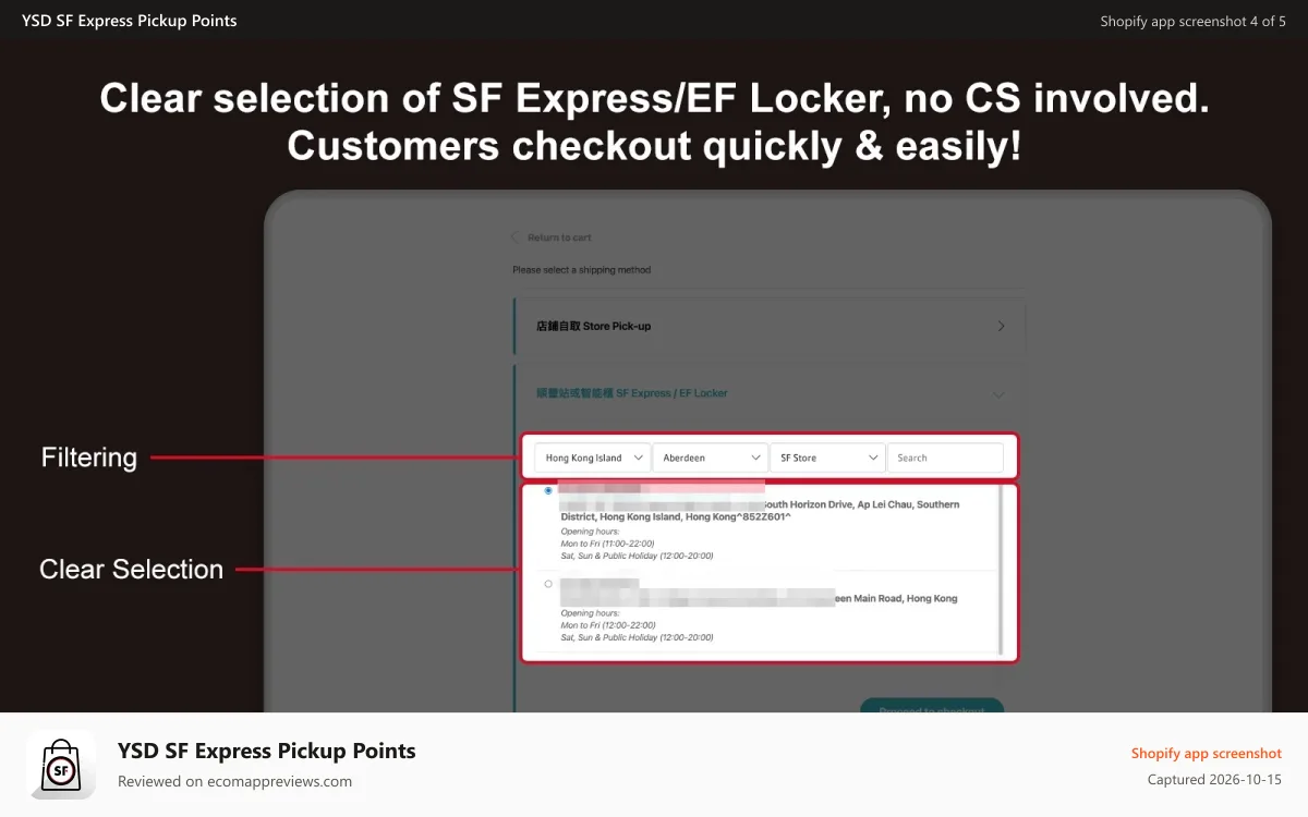 YSD SF Express Pickup Points Shopify app screenshot: Let customers select sf express places as pickup location