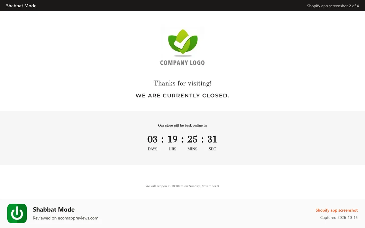 Shabbat Mode Shopify app screenshot: Easy to customize landing page, with counter