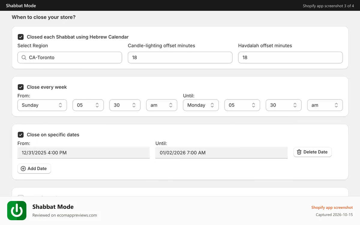Shabbat Mode Shopify app screenshot: Schedule to close store weekly (or use Hebrew Calendar)
