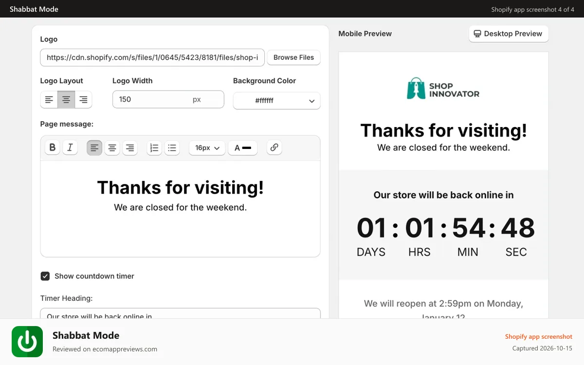 Shabbat Mode Shopify app screenshot: Customize the content of the "Store Closed" landing page