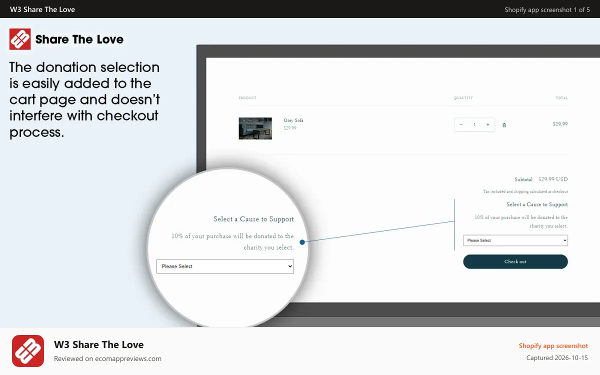 W3 Share The Love Shopify app screenshot: Share the love selector in cart