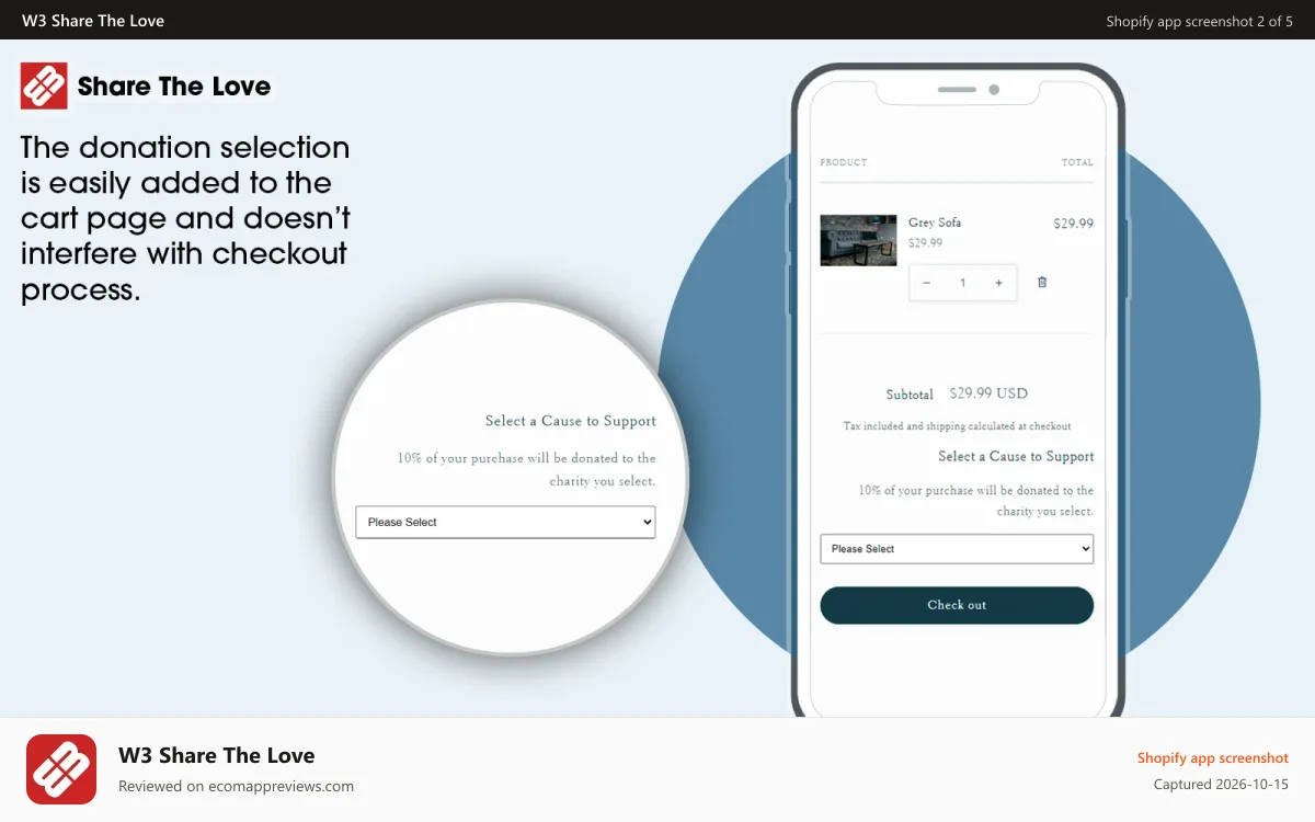 W3 Share The Love Shopify app screenshot: Share the love selector in mobile cart