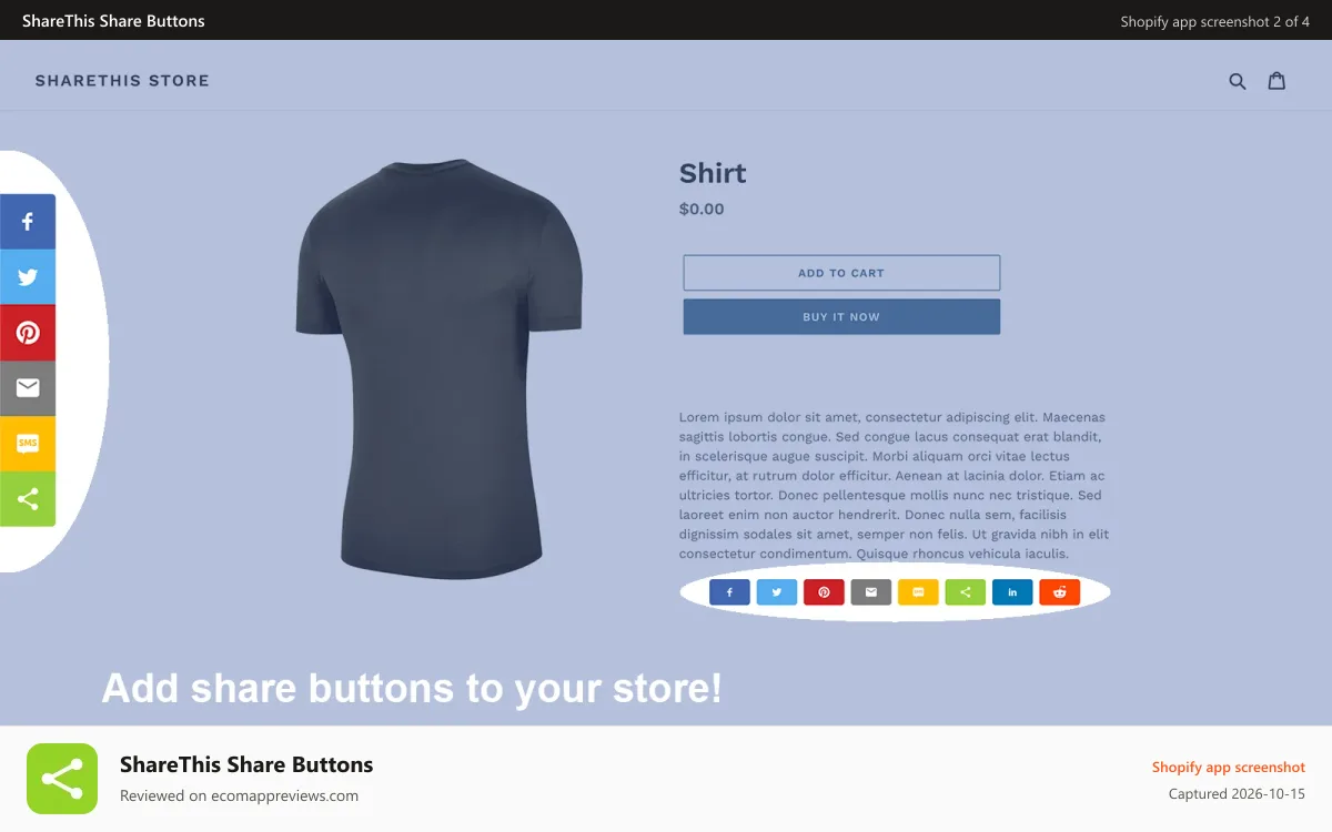 ShareThis Share Buttons Shopify app screenshot: Example of inline and sticky share buttons on a store.