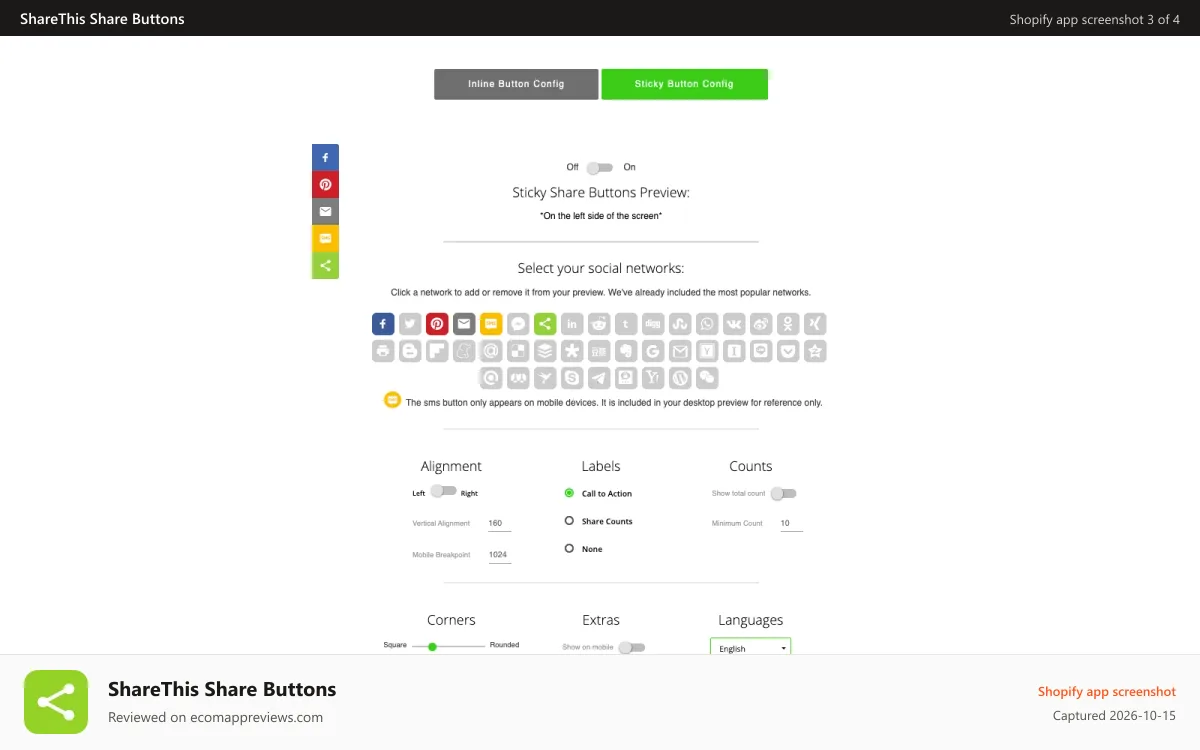 ShareThis Share Buttons Shopify app screenshot: Sticky button configuration in app admin