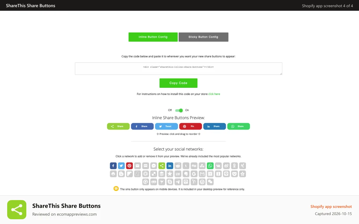 ShareThis Share Buttons Shopify app screenshot: Inline button configuration in app admin