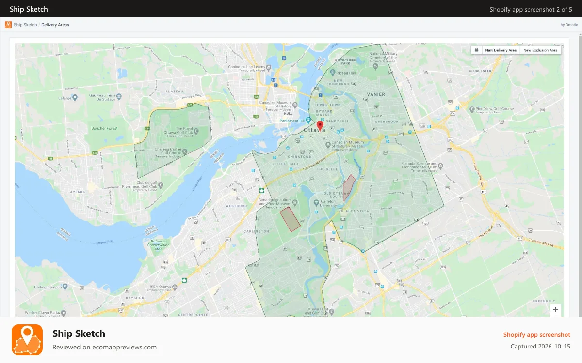 Ship Sketch Shopify app screenshot: Default app view with a couple delivery areas