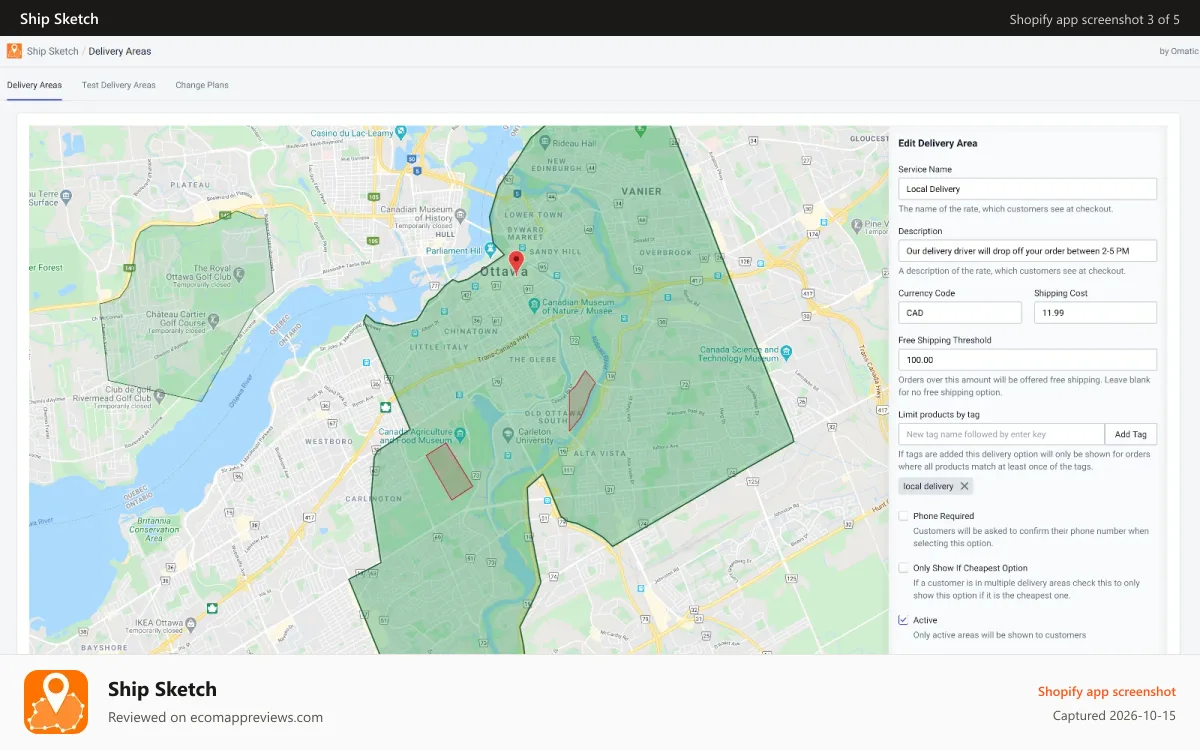 Ship Sketch Shopify app screenshot: Editing the options for a delivery area