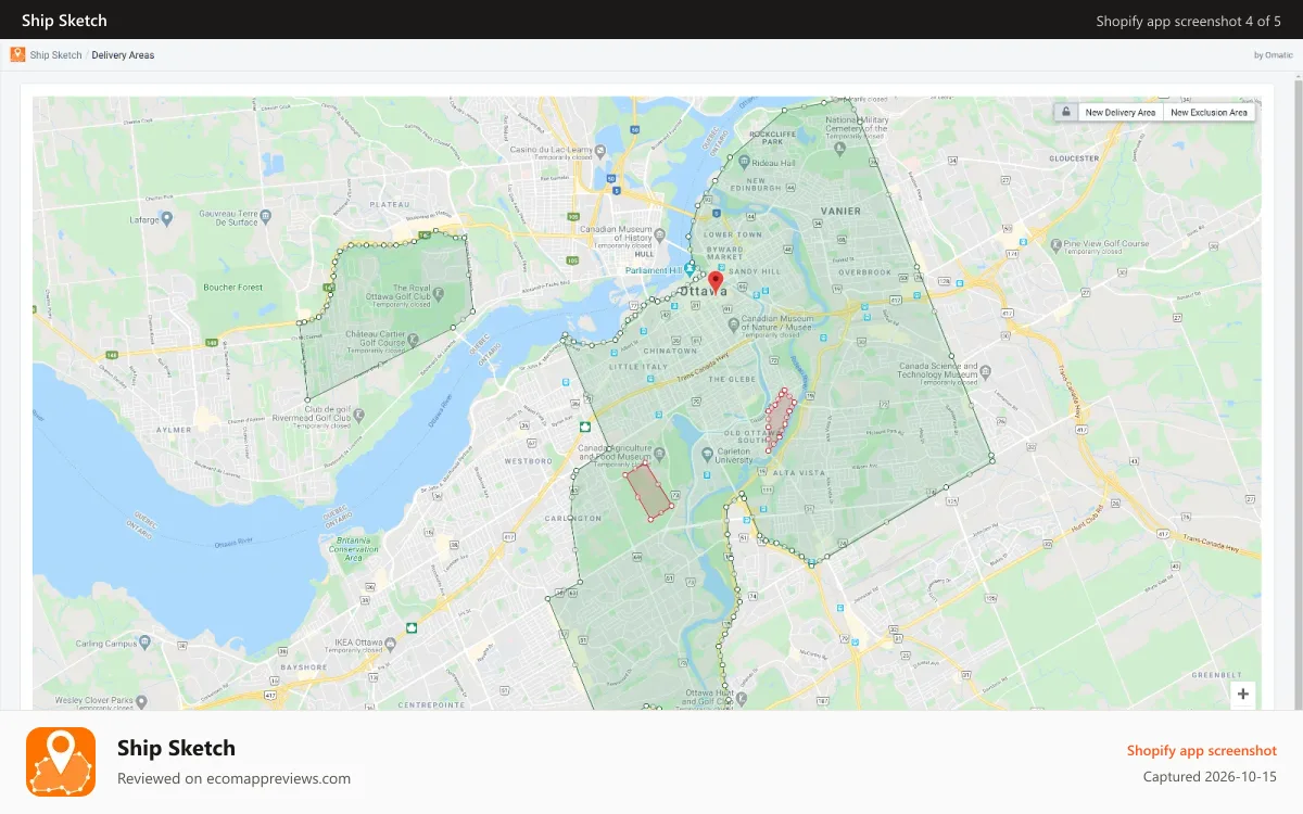 Ship Sketch Shopify app screenshot: Editing the shape of the current delivery area