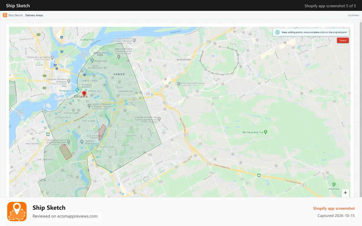 Ship Sketch Shopify app screenshot: Drawing a new delivery area
