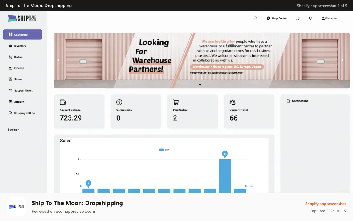 Ship To The Moon: Dropshipping Shopify app screenshot: Dashboard