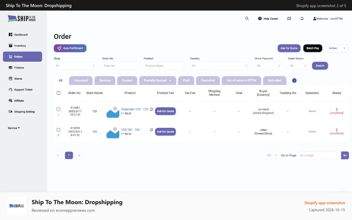 Ship To The Moon: Dropshipping Shopify app screenshot: Orders