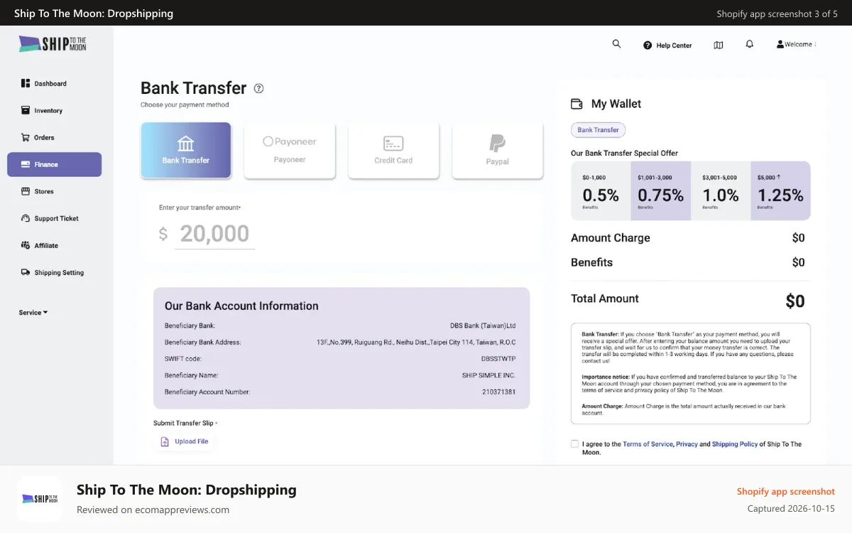 Ship To The Moon: Dropshipping Shopify app screenshot: Finance