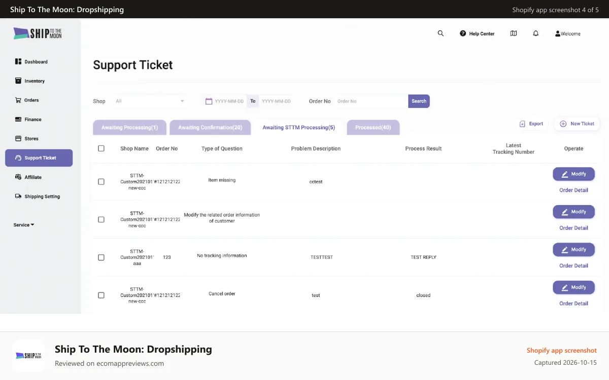 Ship To The Moon: Dropshipping Shopify app screenshot: Support ticket
