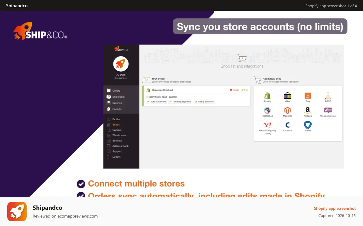 Shipandco Shopify app screenshot: Sync your store account