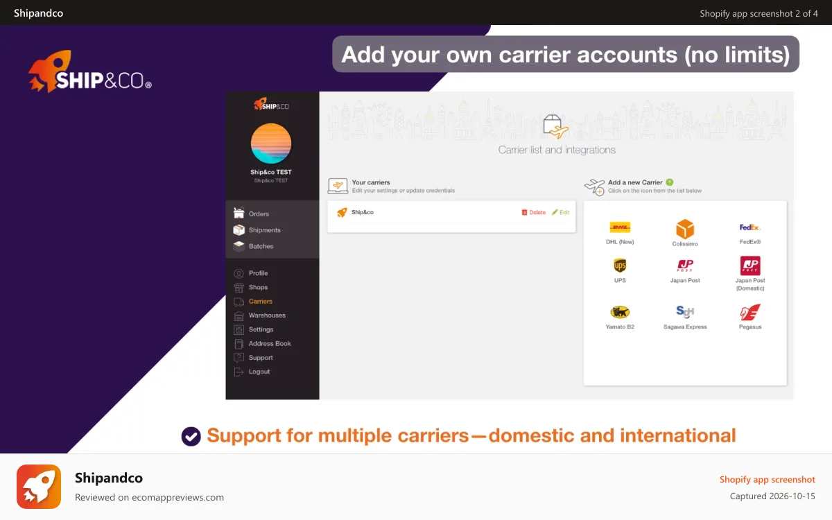 Shipandco Shopify app screenshot: Add your own carrier accounts