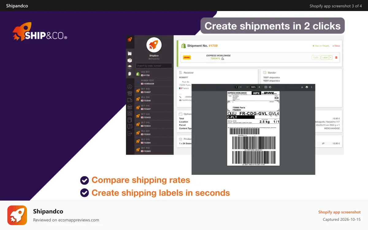 Shipandco Shopify app screenshot: Print label, fulfilled your Shopify orders