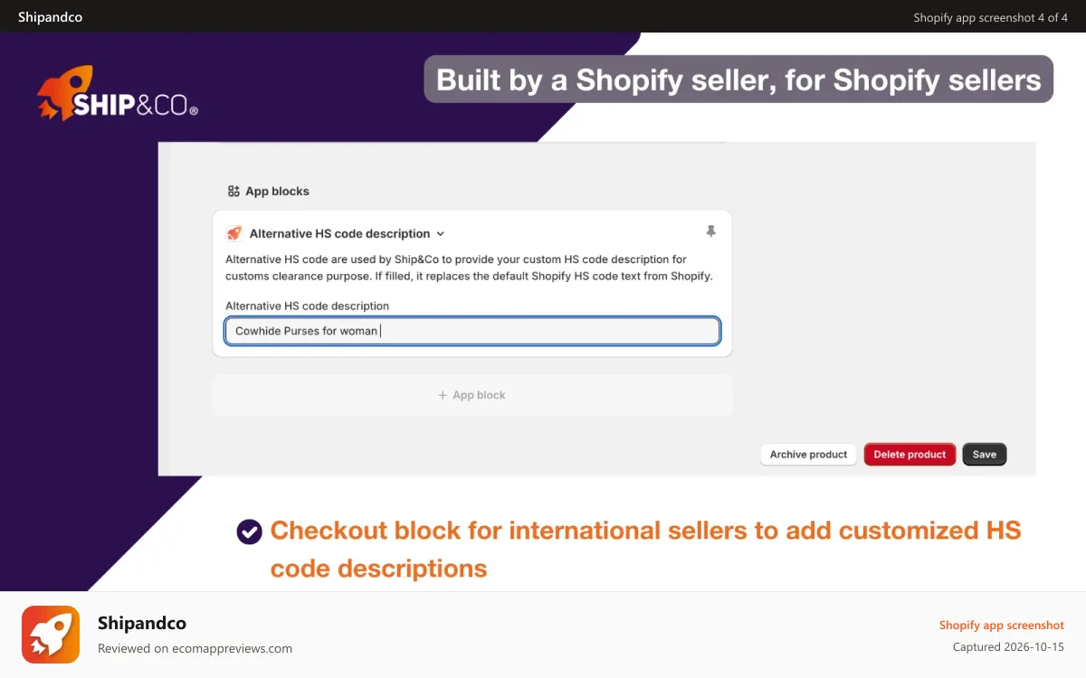 Shipandco Shopify app screenshot: Built by a Shopify Seller, for Shopify Seller