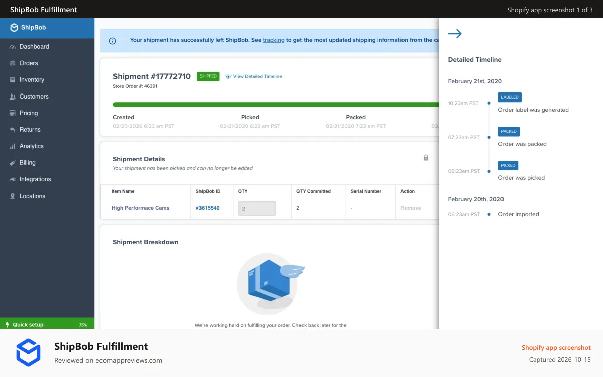 ShipBob Fulfillment Shopify app screenshot: ShipBob order timeline with pick/pack timestamps