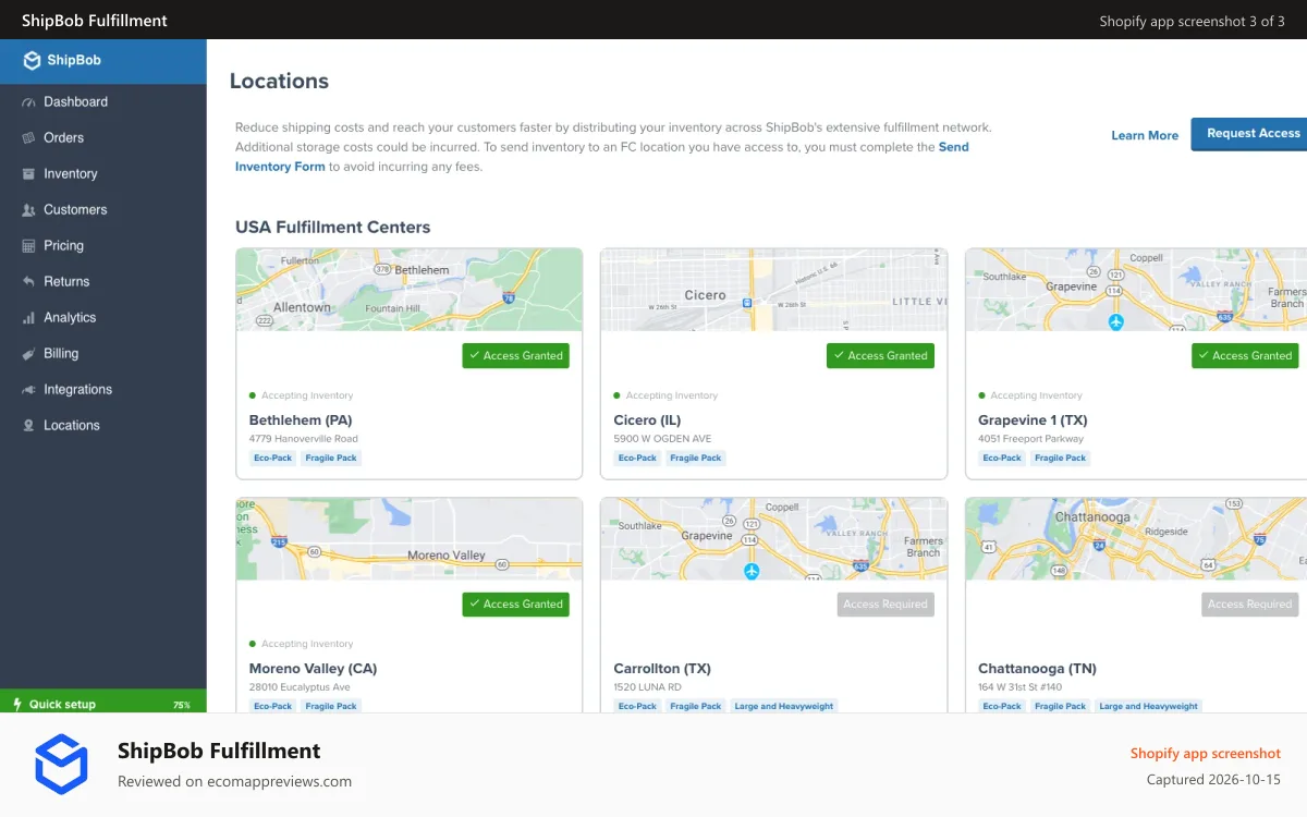 ShipBob Fulfillment Shopify app screenshot: ShipBob locations page with fulfillment centers