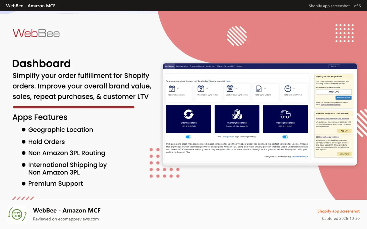 WebBee ‑ Amazon MCF Shopify app screenshot: Dashboard view and simple controls