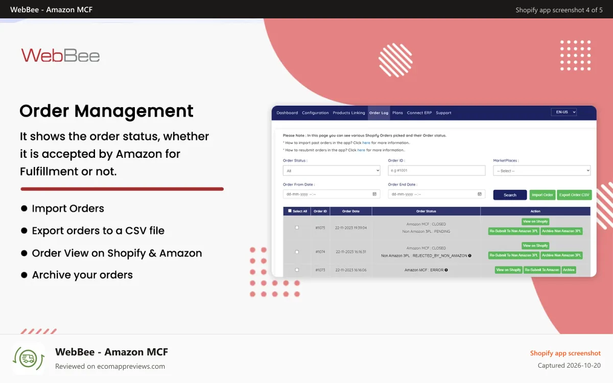 WebBee ‑ Amazon MCF Shopify app screenshot: Order status and if error with easy filter