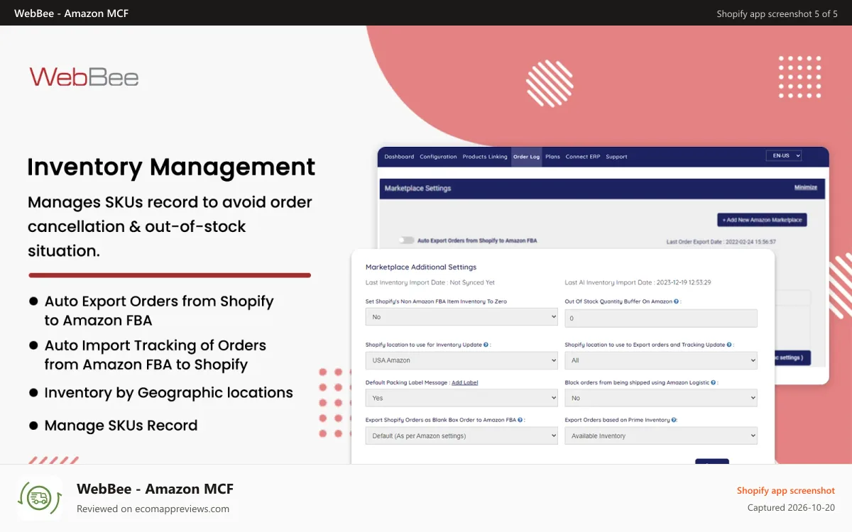 WebBee ‑ Amazon MCF Shopify app screenshot: Inventory Management