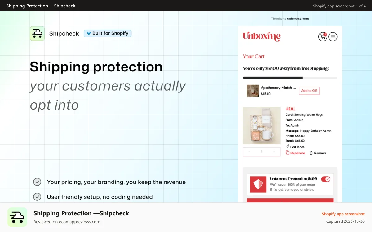Shipping Protection —Shipcheck Shopify app screenshot: Shipcheck shipping protection widget shown in Shopify cart