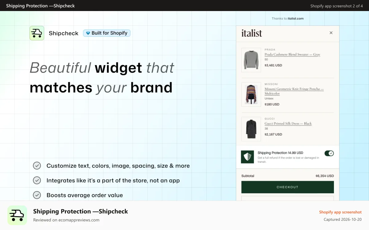 Shipping Protection —Shipcheck Shopify app screenshot: Boost sales with shipping protection and build customer trust