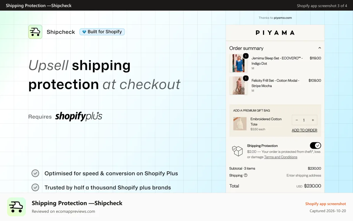 Shipping Protection —Shipcheck Shopify app screenshot: Shipping protection widget displayed on Shopify checkout page