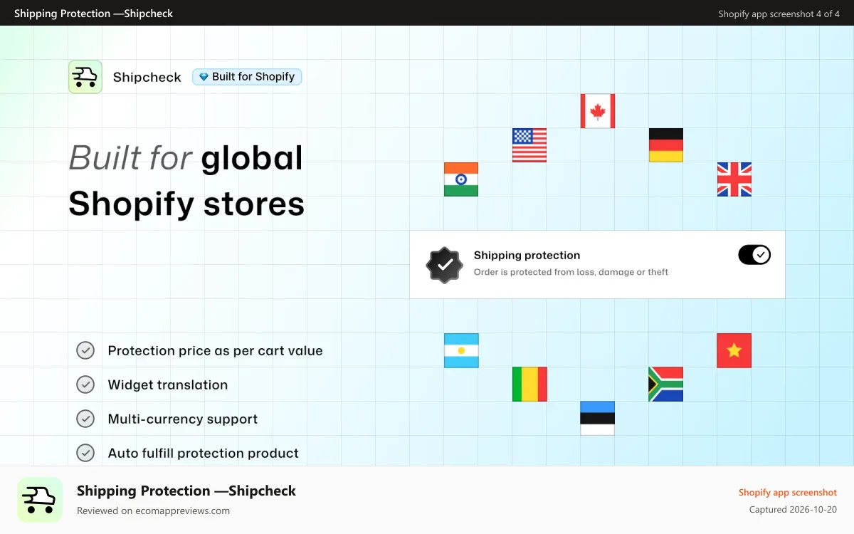 Shipping Protection —Shipcheck Shopify app screenshot: Shipcheck Shipping protection widget supports multiple languages