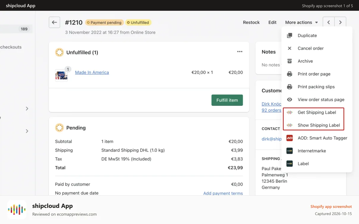 shipcloud App Shopify app screenshot: use shipcloud App