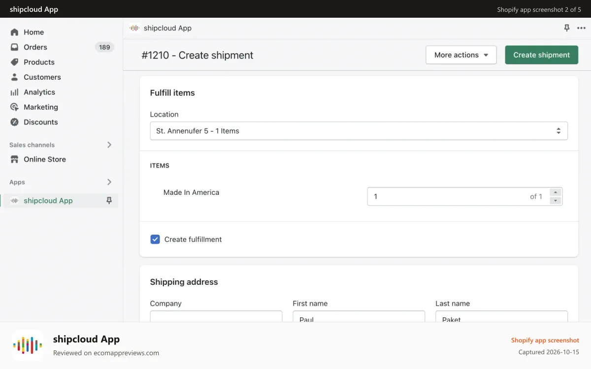 shipcloud App Shopify app screenshot: create shipping label