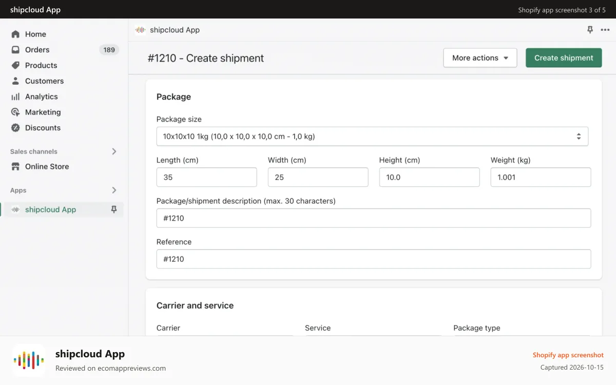 shipcloud App Shopify app screenshot: Package dimensions