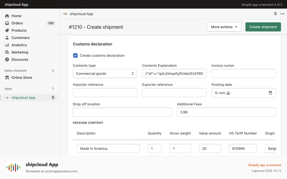 shipcloud App Shopify app screenshot: custom declaration