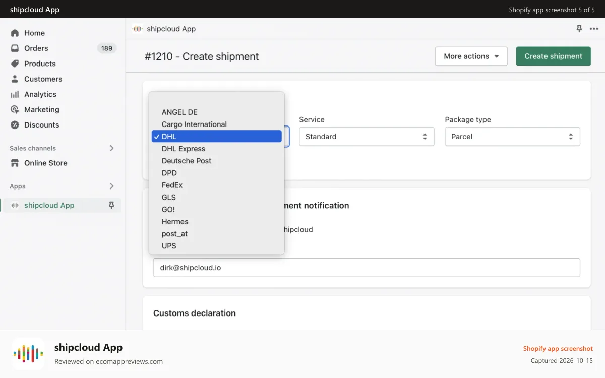 shipcloud App Shopify app screenshot: Use different carriers