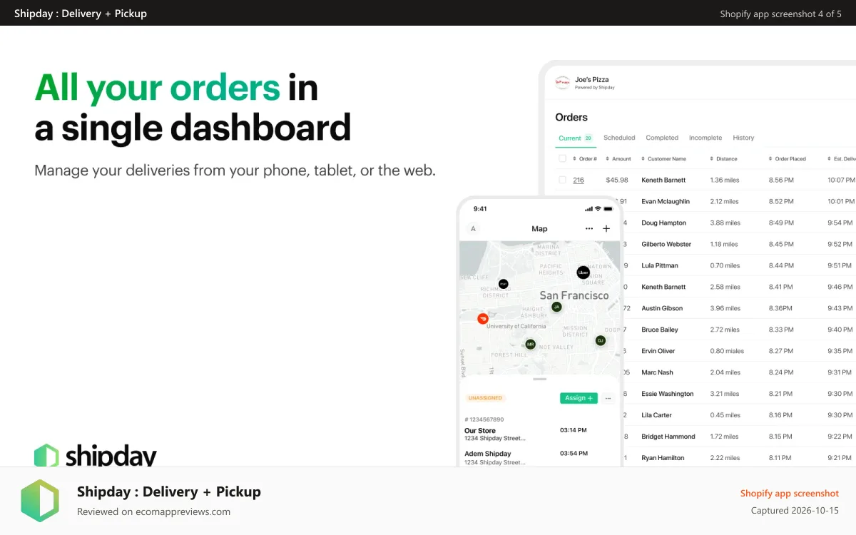 Shipday : Delivery + Pickup Shopify app screenshot: Use your own fleet or 3rd party developers.