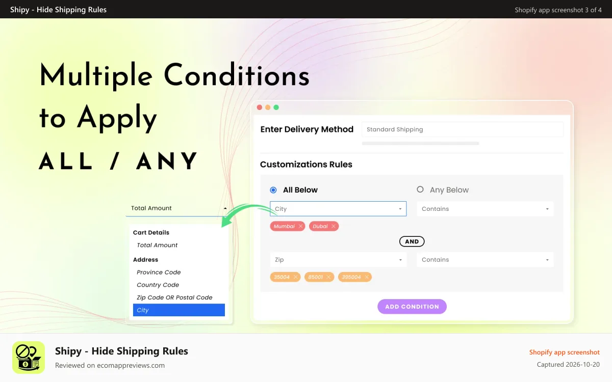 Shipy ‑ Hide Shipping Rules Shopify app screenshot: Rename shipping rate at checkout, Change shipping rates.