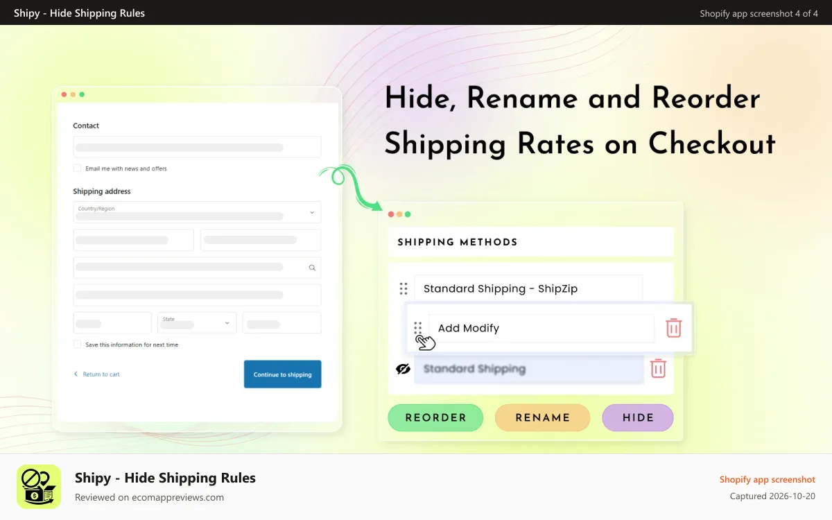 Shipy ‑ Hide Shipping Rules Shopify app screenshot: Hide shipping rates on checkout