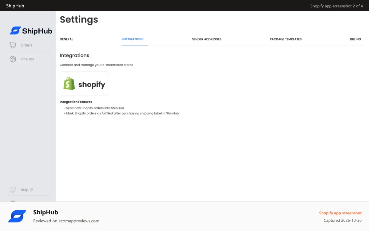 ShipHub Shopify app screenshot: Manage your Shopify integration