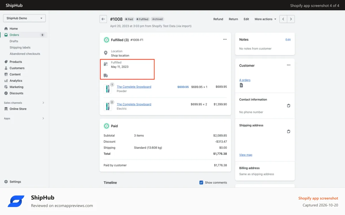 ShipHub Shopify app screenshot: Automatically Mark Shopify Orders As Fulfilled