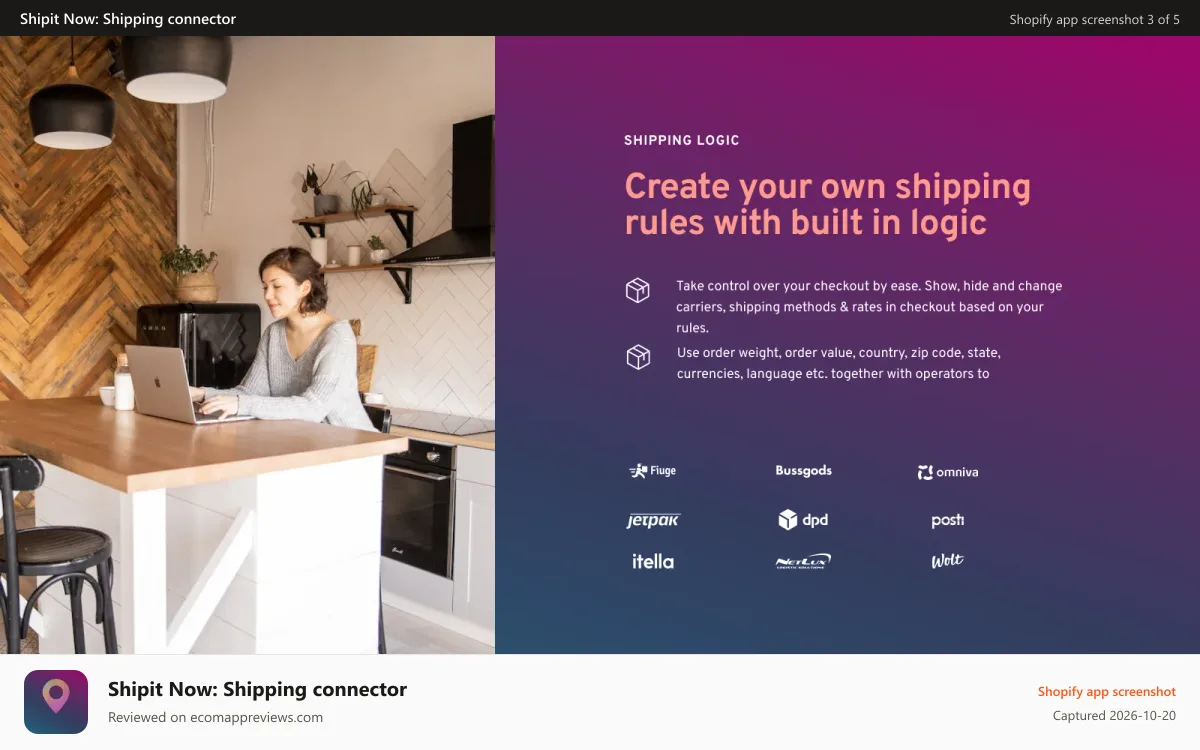 Shipit Now: Shipping connector Shopify app screenshot: Shipit Now for Shopify - Shipping with built in rules & logic