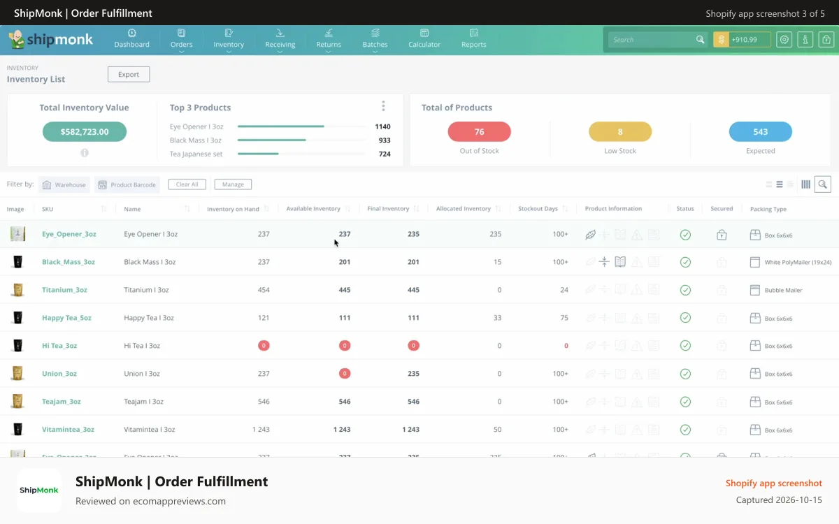 ShipMonk | Order Fulfillment Shopify app screenshot: Inventory Management Dashboard