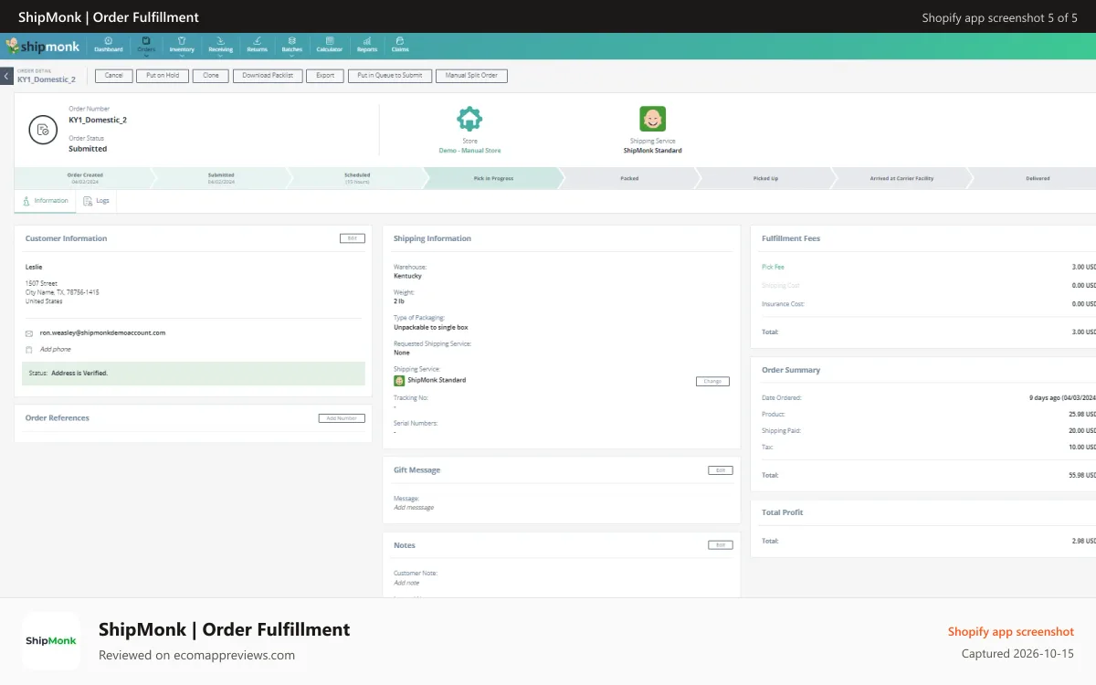 ShipMonk | Order Fulfillment Shopify app screenshot: Order Management - Order Detail