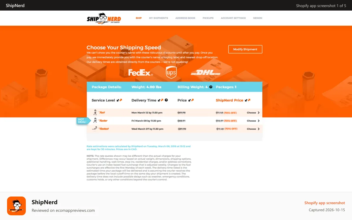 ShipNerd Shopify app screenshot: Real time shipping costs and transit times