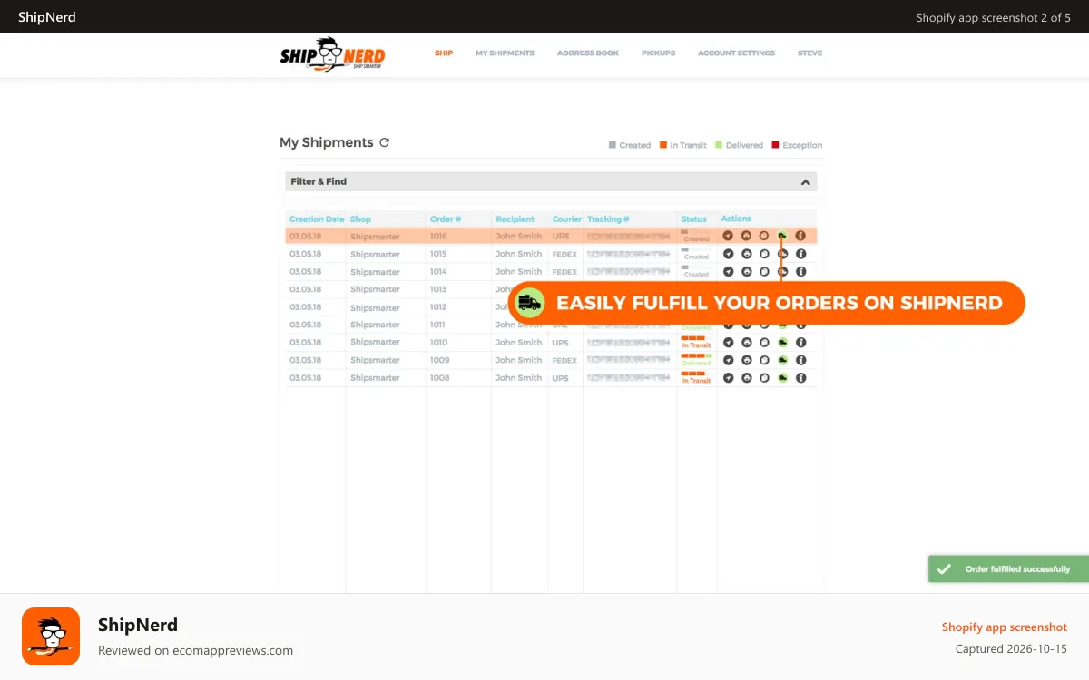 ShipNerd Shopify app screenshot: Easily create labels & fulfill orders on ShipNerd