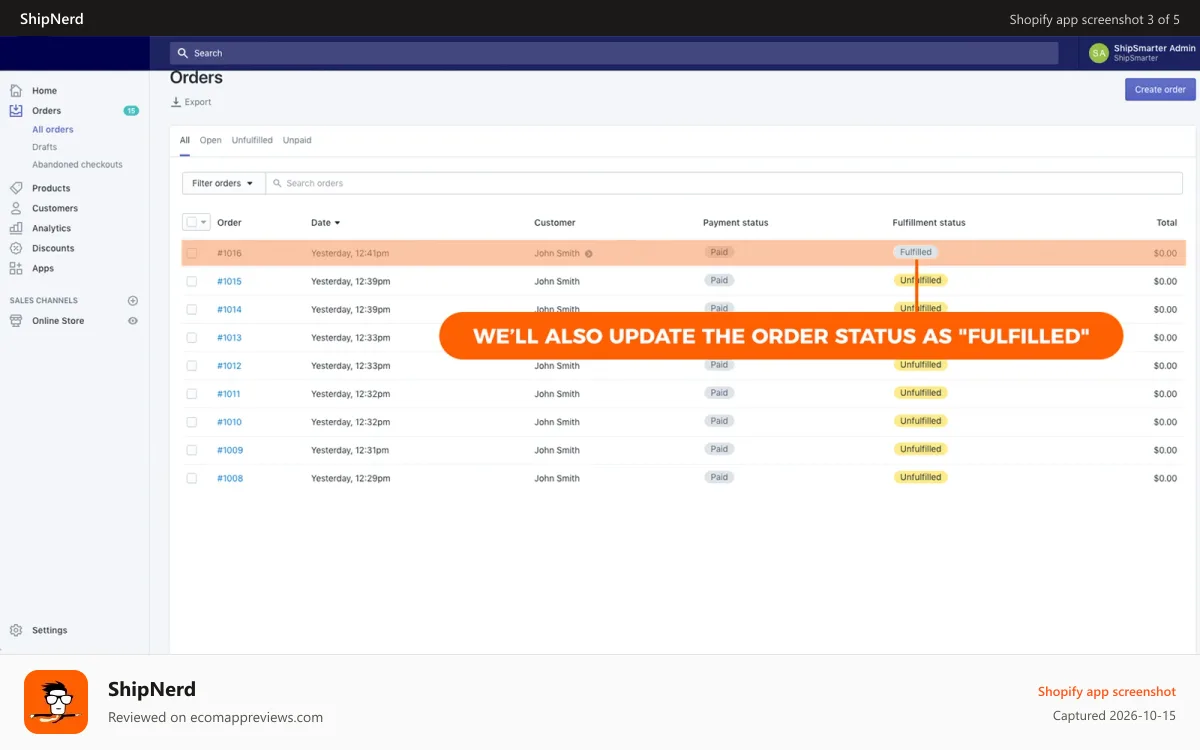 ShipNerd Shopify app screenshot: Tracking info will sync with your store & fulfill your orders